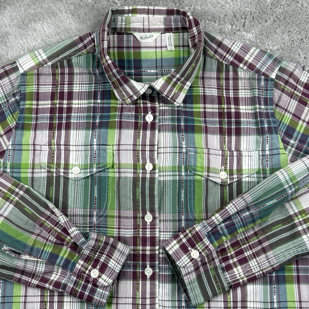 Woolrich LS Plaid Aztec Southwestern Button Down Shirt Women L Purple Green Blue